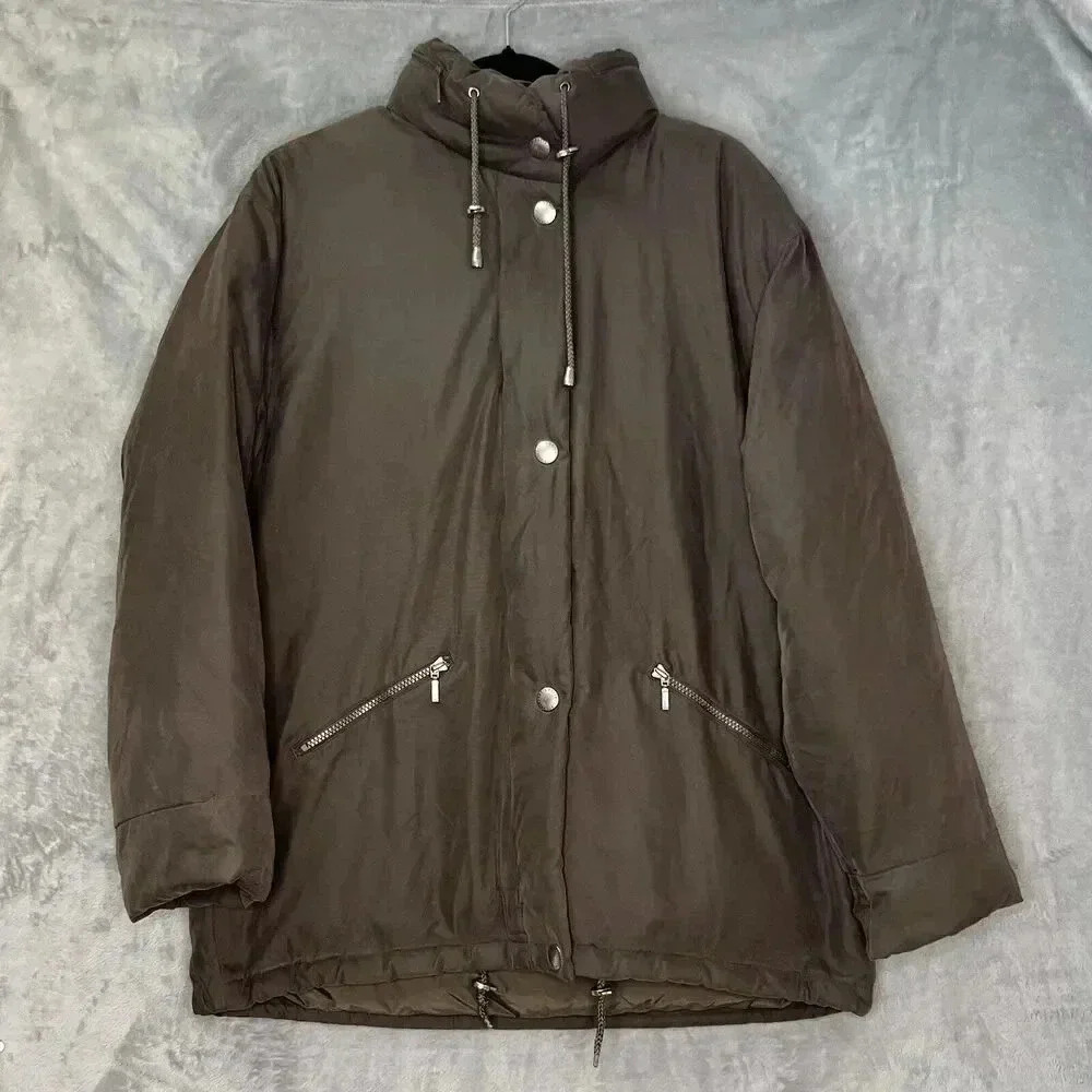 VINTAGE Eddie Bauer Puffer Jacket Womens M Gray Hoodie Goose Down Parka Pockets